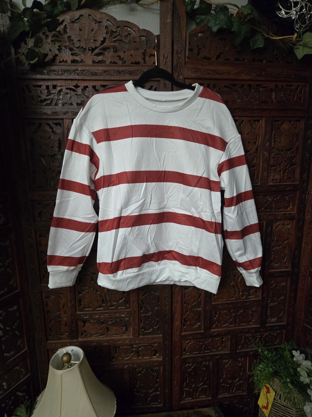 Womans White and Red Striped Crewneck Sweater